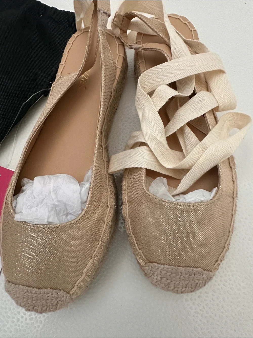 Shoe Dazzle Neutral Beige Espadrille Platform Wrap Flats